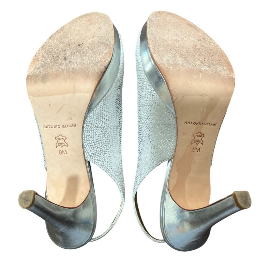 Antonio Melani Silver Peep-Toe Slingback Heels Embellished Evening Wedding Size - Picture 7 of 9